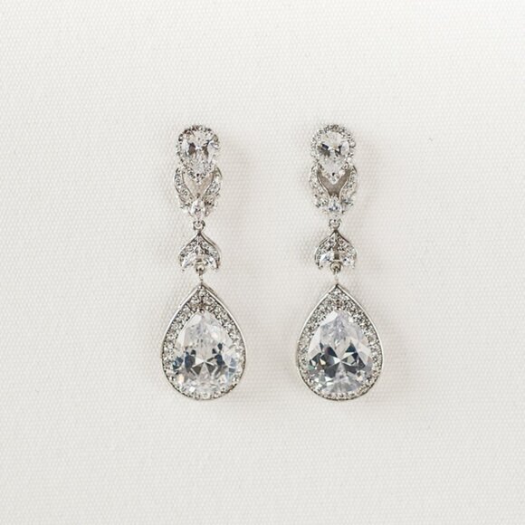 WEDDING EARRINGS SILVER LONG DROP CUBIC ZIRCONIA - Picture 2 of 7